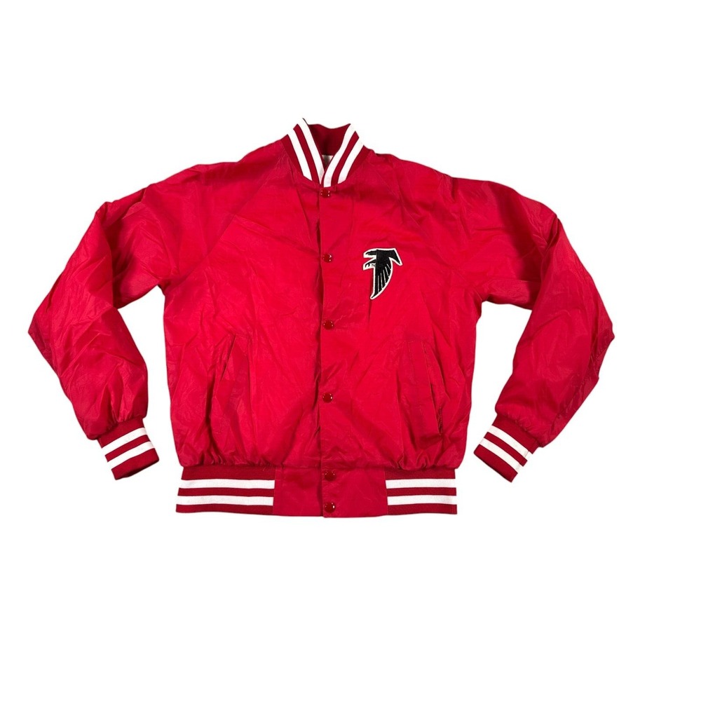 Vintage Atlanta Falcons Satin Bomber Jacket Mens Large Red Snap Button 70s Rare